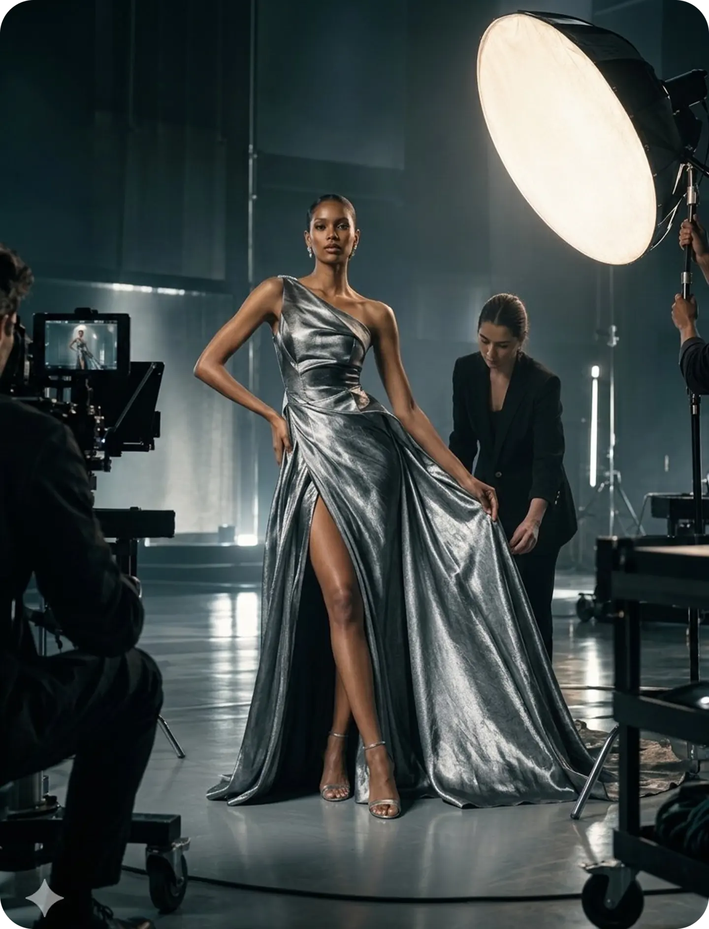 Backstage production crew adjusting a model's gown under studio lighting